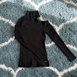 DKNY Open Shoulder Knit Turtleneck, black, size Medium